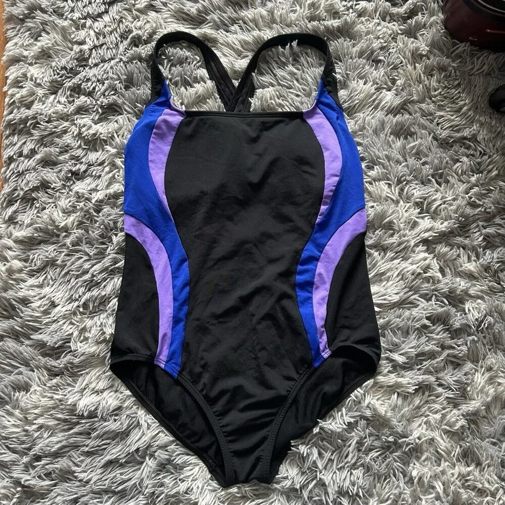 Lands End Black Blue Womens One Piece Size 10 Swimsuit Bathing Suit Summer